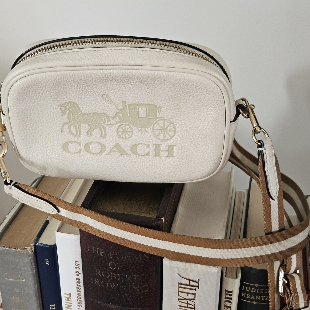 Coach Chalk Pebbled Leather Crossbody with Striped Brown Strap